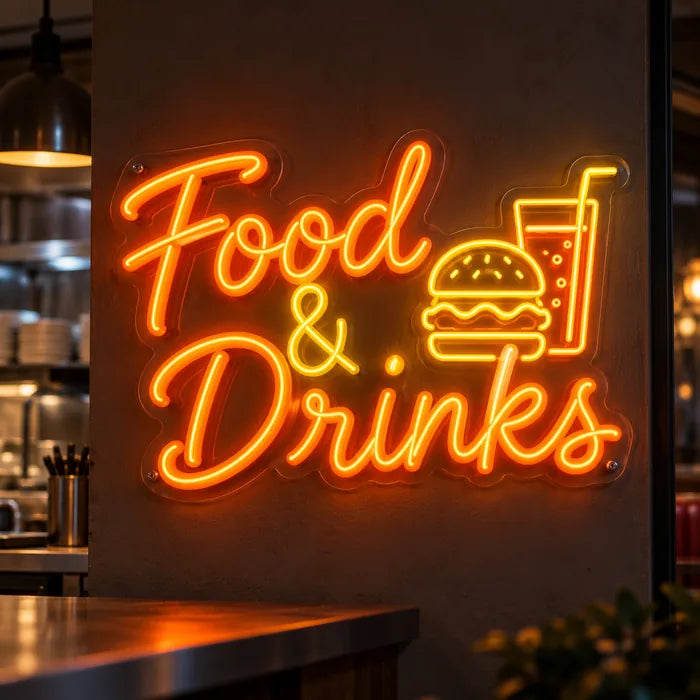 Neonová LED cedule Jídlo a pití – zářící burger a koktejlová sklenice v oranžové a žluté v kuchyni