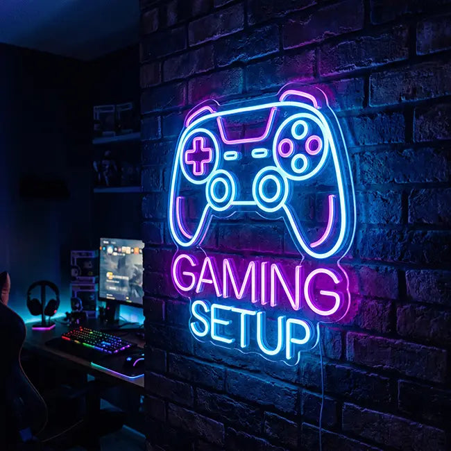 Neon LED Schild für Gamer – leuchtender Gaming-Controller in Blau und Pink im Gaming-Zimmer
