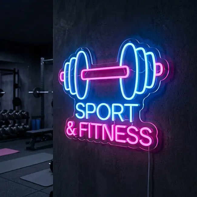 Neon LED Schild Sport & Fitness – leuchtende Hantel in Elektrischblau und Pink im Home Gym