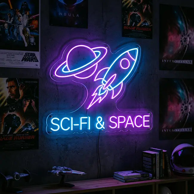 Neon LED Schild Sci-Fi & Space – leuchtende Rakete und Planet in Lila und Elektrischblau im Space-Zimmer