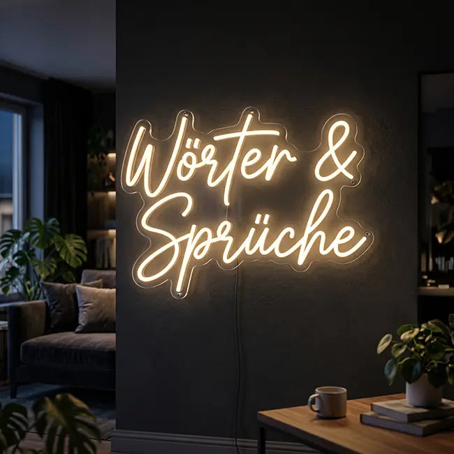 Neon LED Schild Wörter & Sprüche – elegante Schrift in Warmweiß im modernen Wohnzimmer