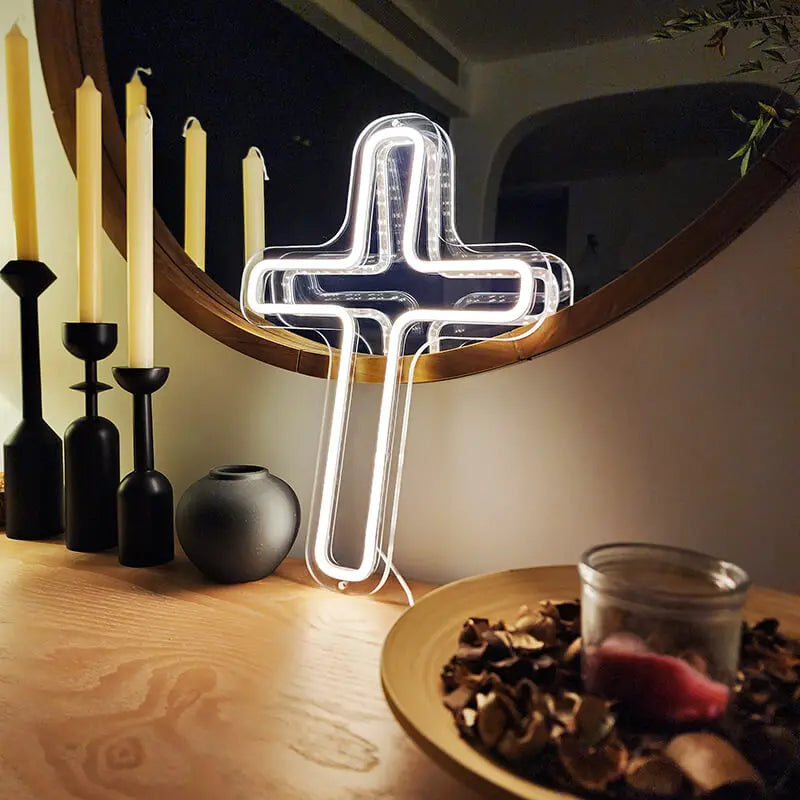Heiliges Kreuz Neon LED Schild beleuchtet – persönliches Andachts Statement Deko