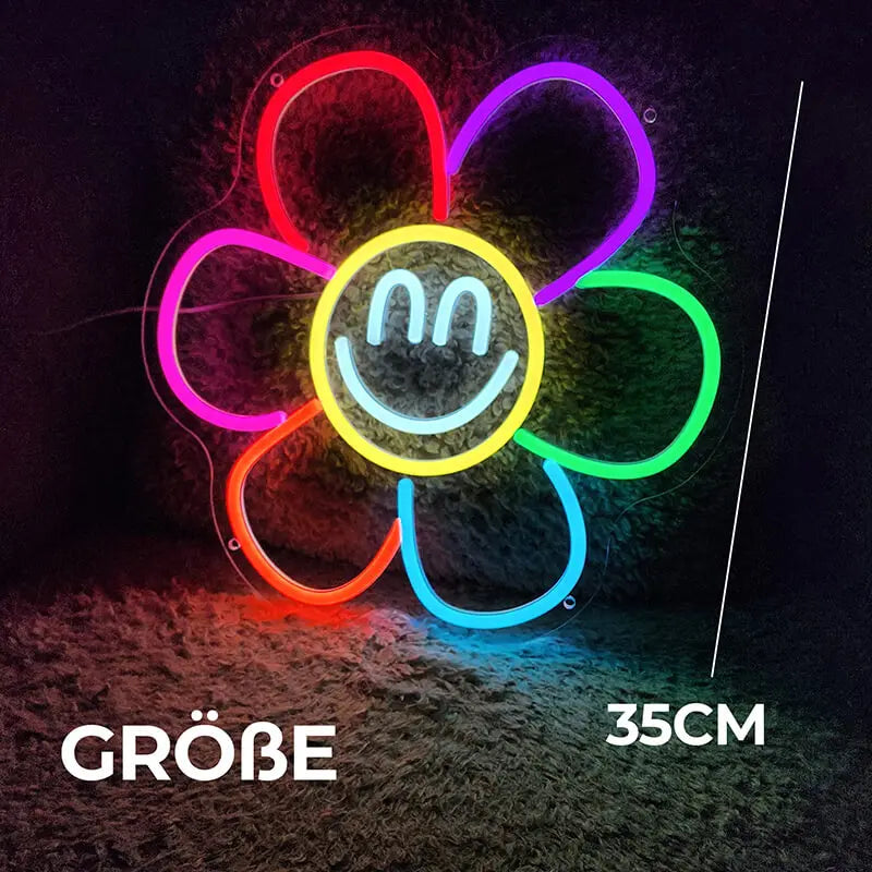 Smiley Blume Neon Sign – 70s Boho Wanddeko fürs Wohnzimmer
