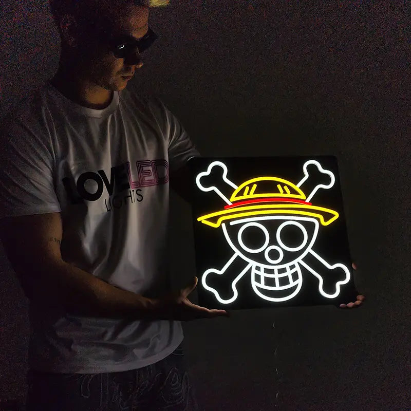 One Piece Neon LED Schild – schwarze Piratenflagge als handgefertigtes Geschenk für Manga-Fans