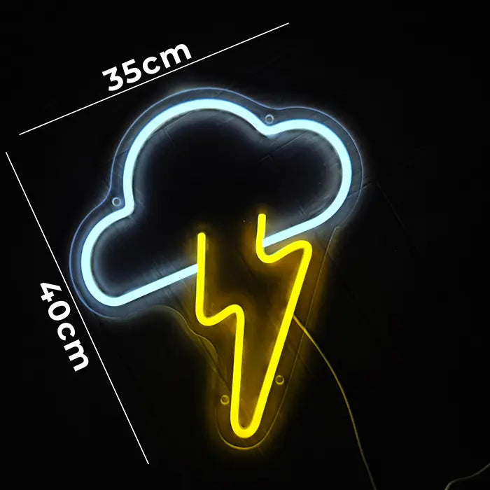 Wolken-Blitz Neon LED Schild mit eingezeichneter Maßgrafik für Breite und Höhe des leuchtenden Motivs