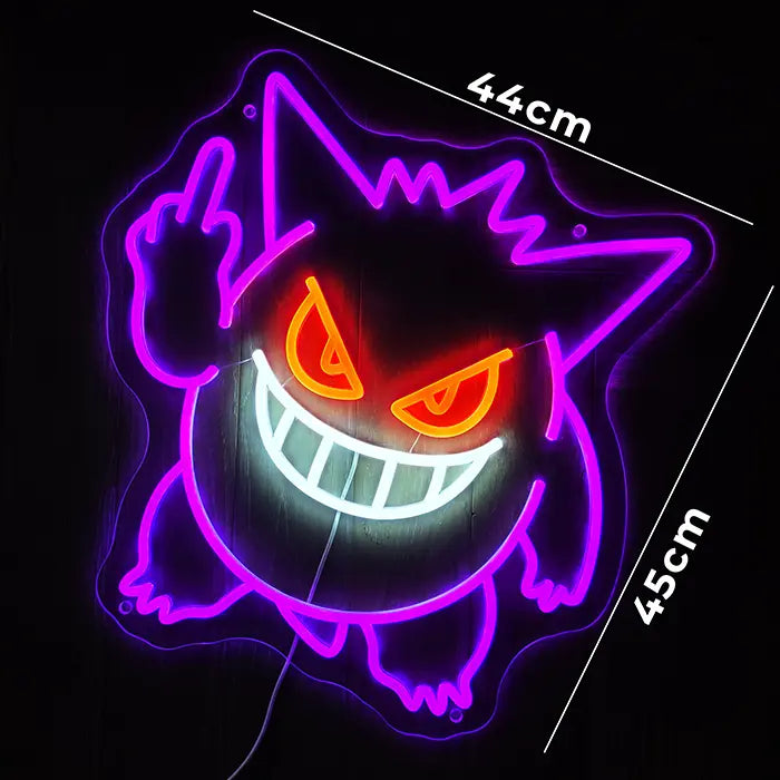 Geisterfigur Neon LED Schild mit eingeblendeter Maßangabe an beiden Kanten, Motiv leuchtet violett