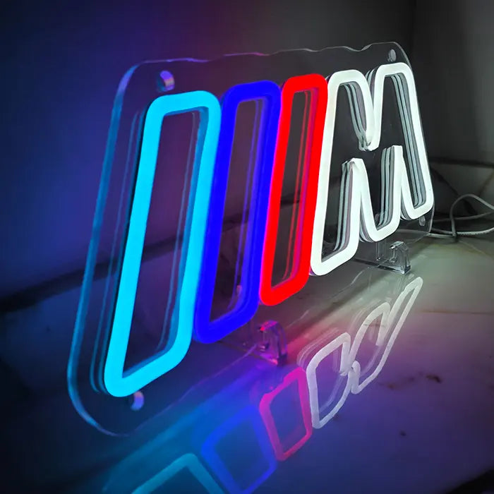 M Stripes neon LED sign, product shot of the design switched on, USB, dimmable