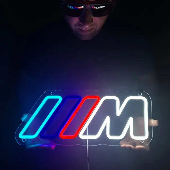 M Stripes neon LED sign, glowing against a dark background, USB, dimmable