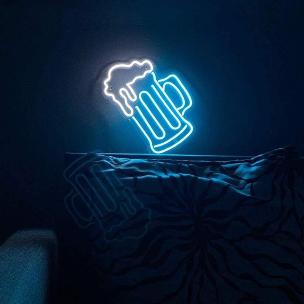 Blauer Bierkrug Neon LED Schild – handgefertigte Partykeller-Deko in Blau