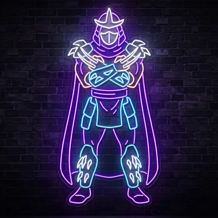 Ninja Turtles Set Neon LED Sign design Shredder with a spiked helmet, a purple cape and crossed arms on a dark brick wall
