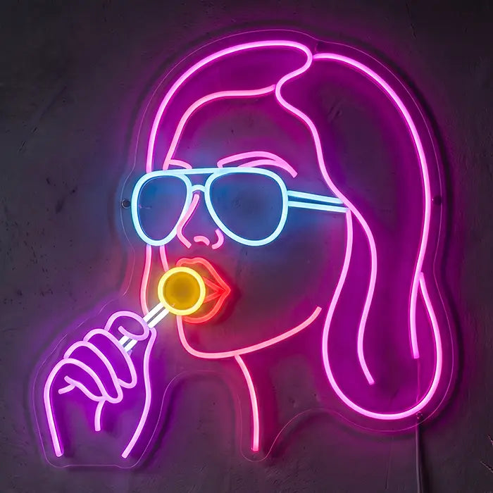 Girl with Lollipop Neon LED Sign – Dimmable with Remote | Pop Art Wall Decor