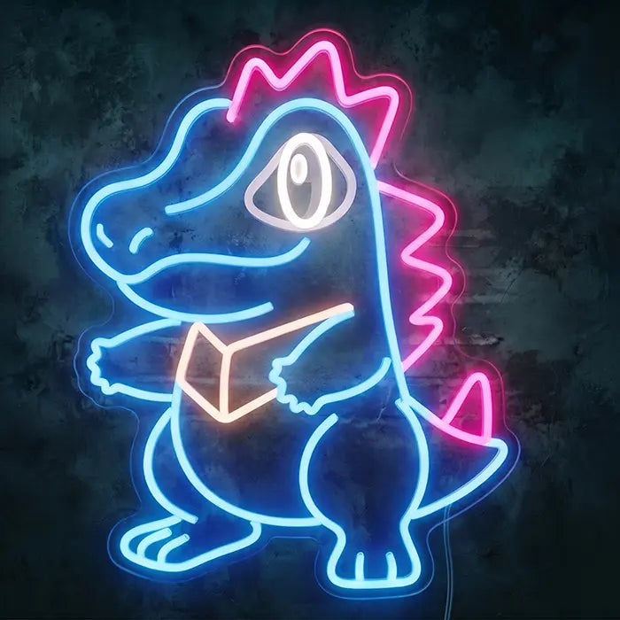 Pokémon Totodile Set Neon LED Sign, design Totodile Punk: front view on a dark wall, mohawk crest and back spikes in pink