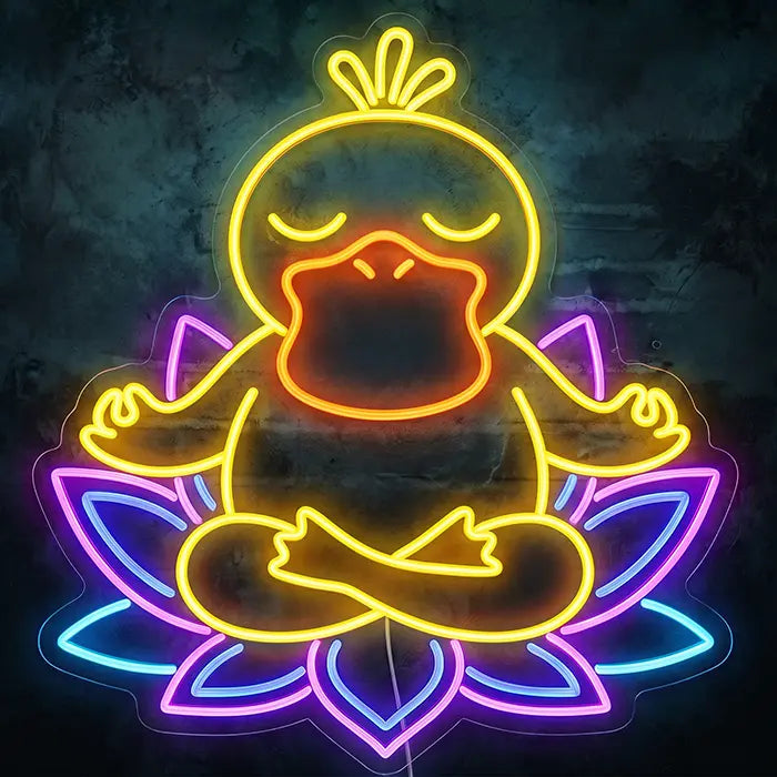 Pokémon Psyduck in Meditation Set Neon LED Sign, design Buddha Psyduck: front view on a dark wall, Psyduck on a violet-and-blue lotus flower