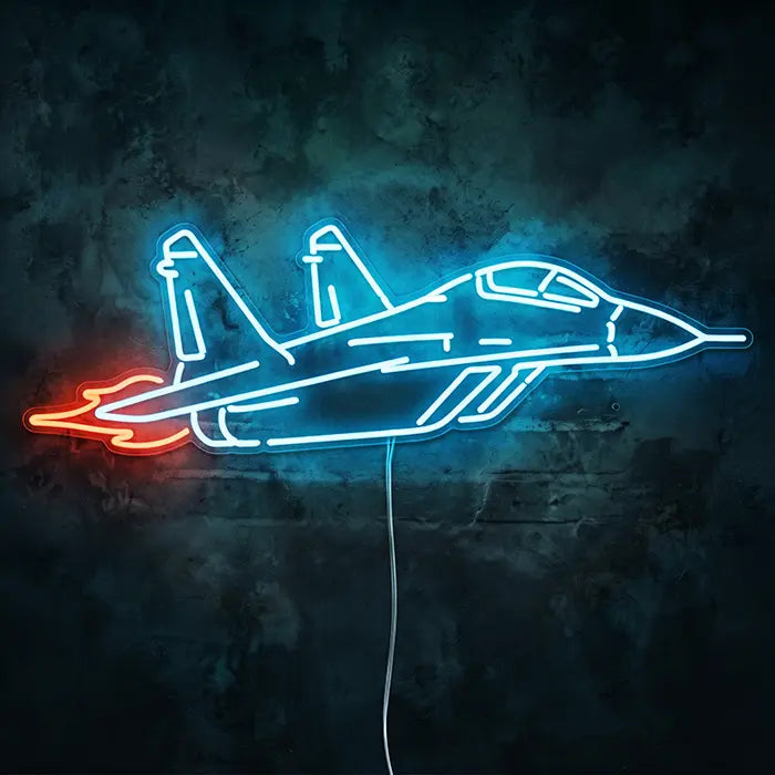 MiG-29 Fighter Jet Set Neon LED Sign in the MiG-29 with Afterburner design, front view on a dark wall, a fighter jet in ice blue with an orange afterburner flame