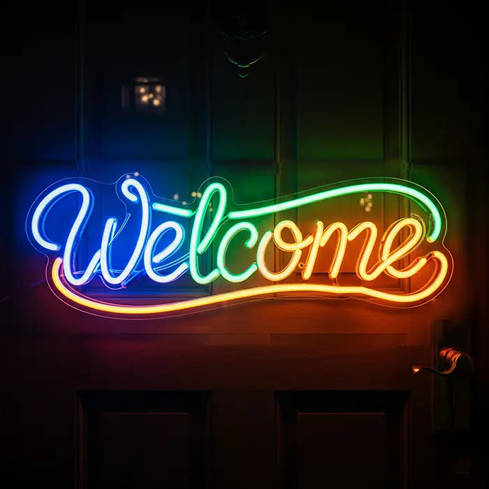 Welcome Neon LED Sign above a front door