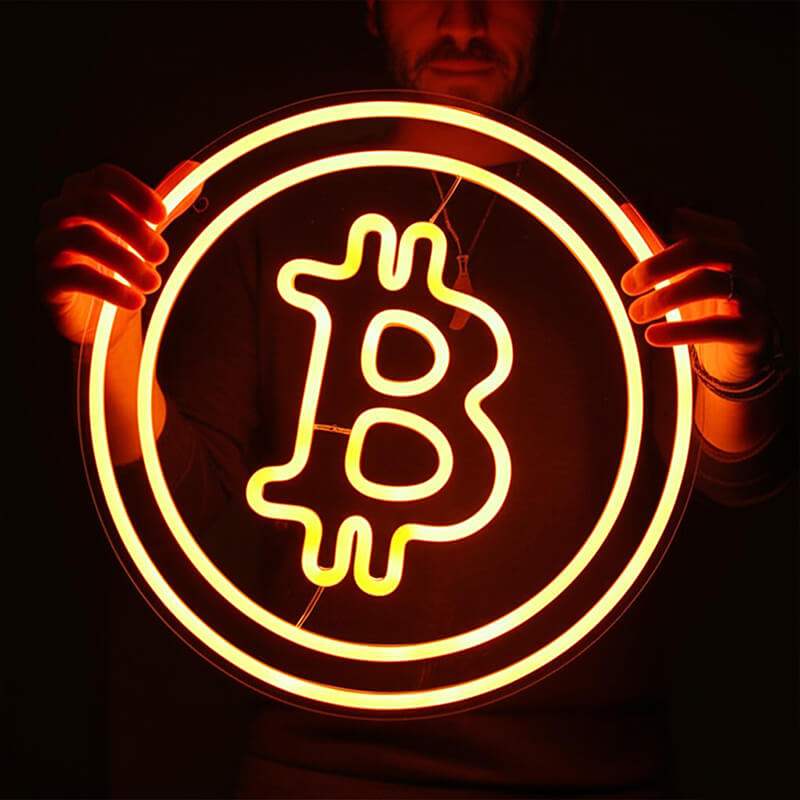 Bitcoin Neon LED Schild beleuchtet – BTC-Symbol als USB-Leuchtschild