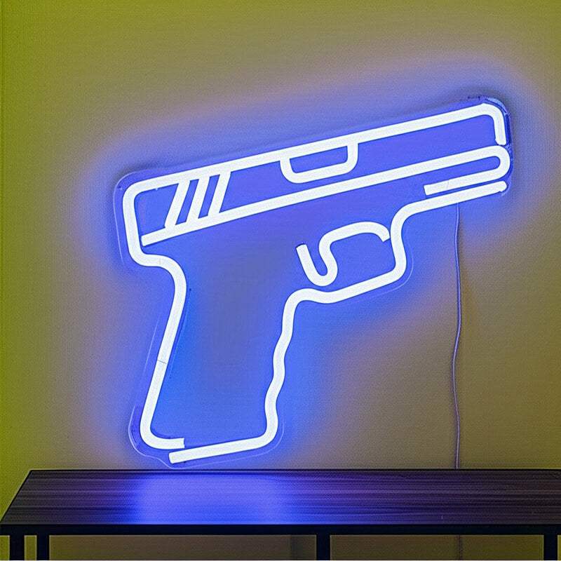 Pistolen Neon LED Schild – handgefertigte Street-Art-Deko in Blau