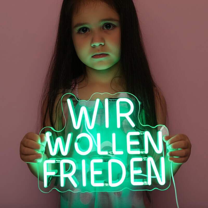 Wir Wollen Frieden Neon LED Schild USB – Statement Deko für Solidarität
