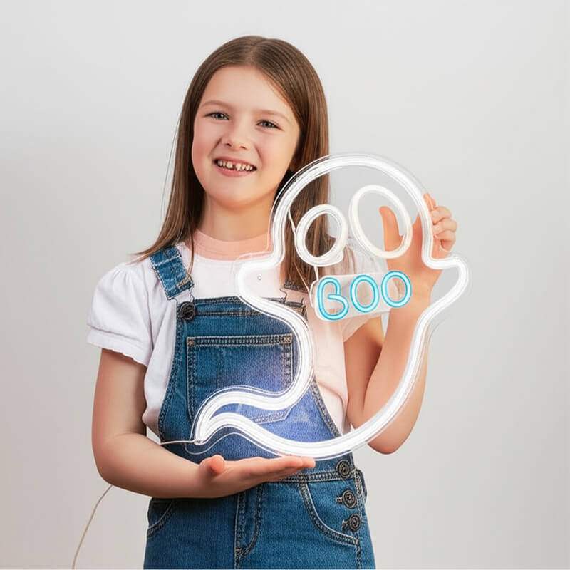 Boo Geist Neon LED Schild beleuchtet – Geist-Motiv als USB-Leuchtschild
