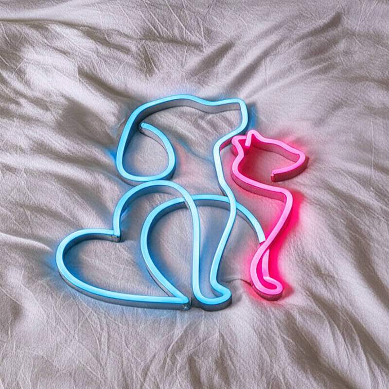 Hund und Katze Neon LED Schild beleuchtet – Wohnzimmer Haustier Deko