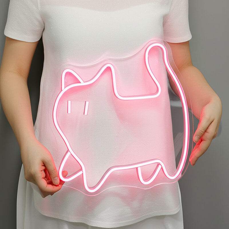 Pinke Dicke Katze LED Leuchtschild beleuchtet – Fun Wanddeko für Katzenliebhaber