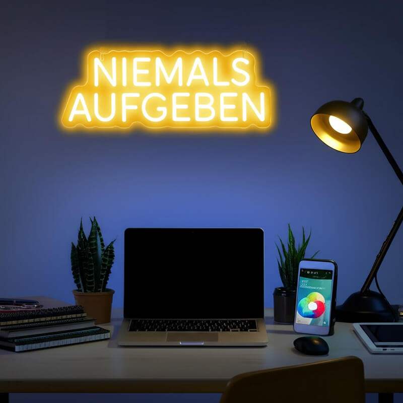 Niemals Aufgeben Neonschild dimmbar 9 Stufen USB – handgefertigte Durchhalte-Motivation