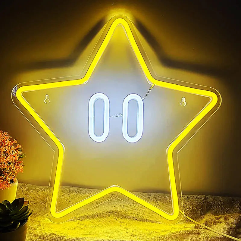 Super Star Neon LED Schild an der Wand: gelber Sternumriss auf klarer Acrylplatte, die Augen leuchten weiß