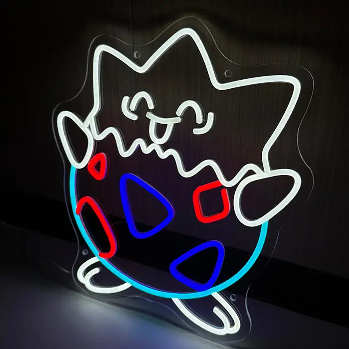 Eierschalen-Figur Neon LED Schild schräg von der Seite, klare Acrylplatte mit Bohrlöchern und umlaufender Neon-Kontur