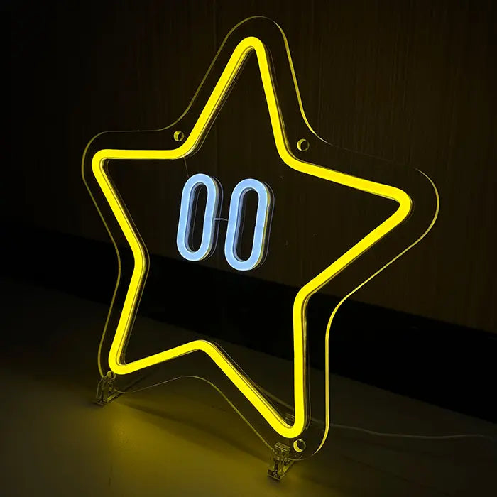 Super Star Neon LED Schild schräg von der Seite, transparente Acrylkante sichtbar, Sternumriss leuchtet gelb