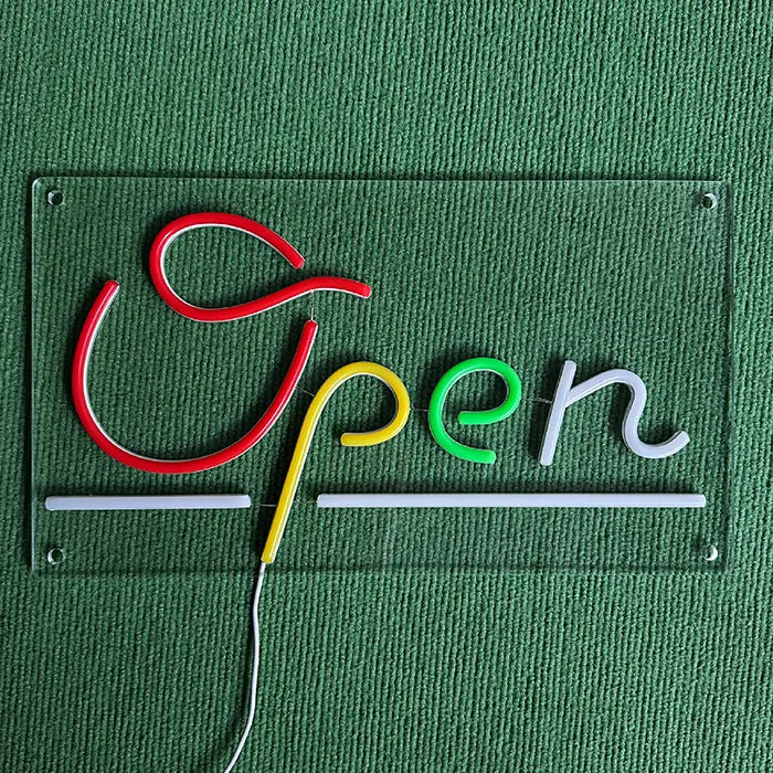 Open Neon LED Schild ausgeschaltet von oben fotografiert, Neonschlauch auf transparentem Acryl