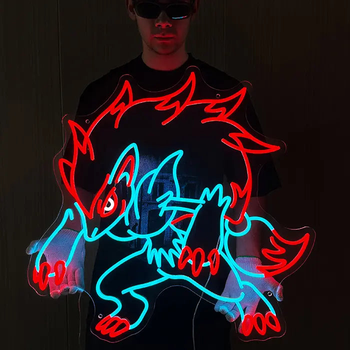 Fuchswesen Neon LED Schild frei vor dunklem Hintergrund, leuchtende rote Mähne und hellblaue Körperlinie im Detail