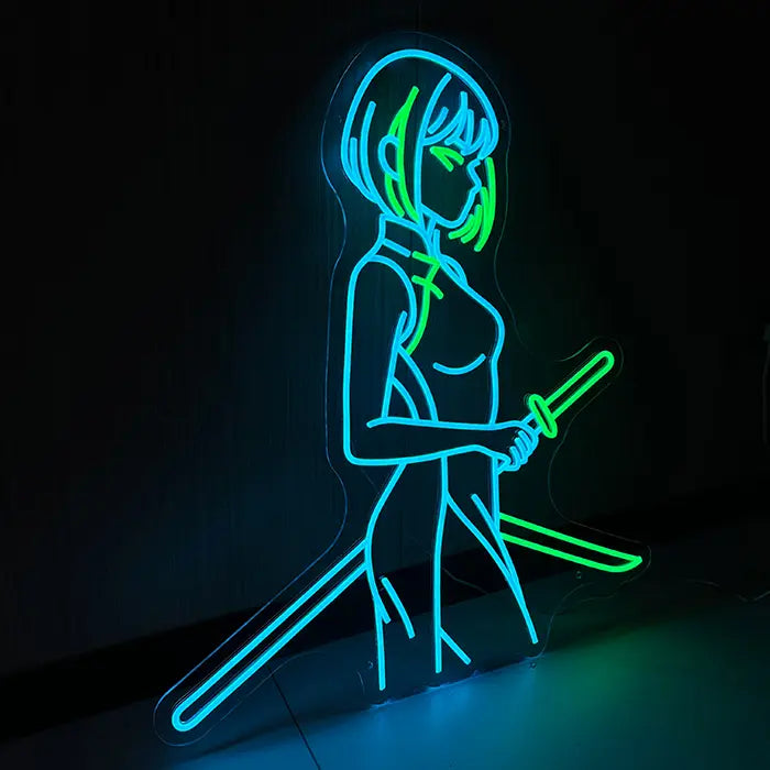 Anime Samurai Girl Neon LED Schild leuchtet an der Wand über dem Boden, ganze Figur von der Seite