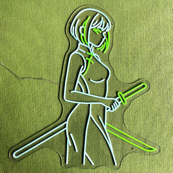 Anime Samurai Girl Neon LED Schild ausgeschaltet und flach liegend, konturgeschnittene Acrylplatte komplett