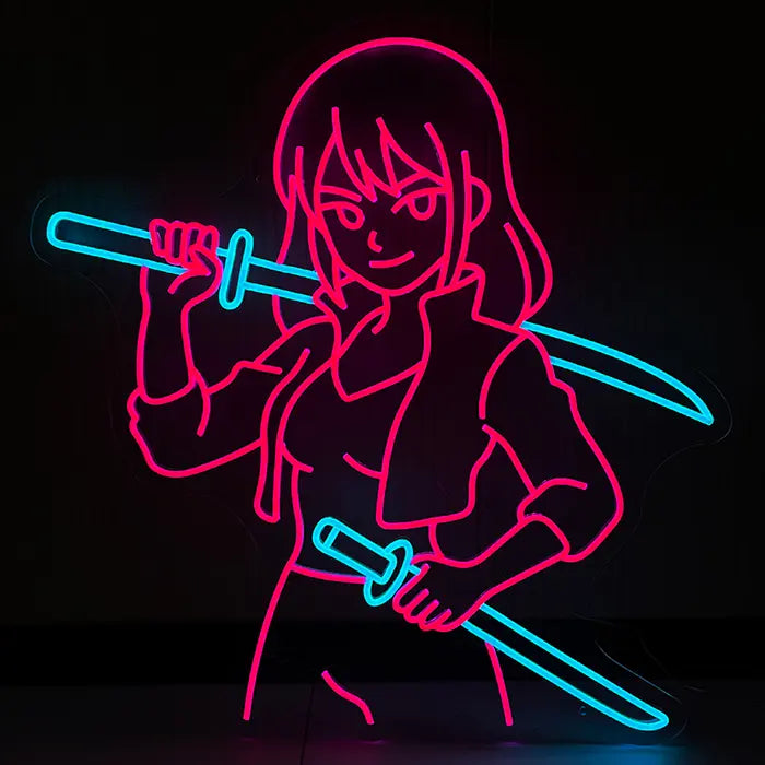 Sekira V Miaukuza Neon LED Schild leuchtend an dunkler Wand, Anime-Figur in Lila mit zwei blauen Katana