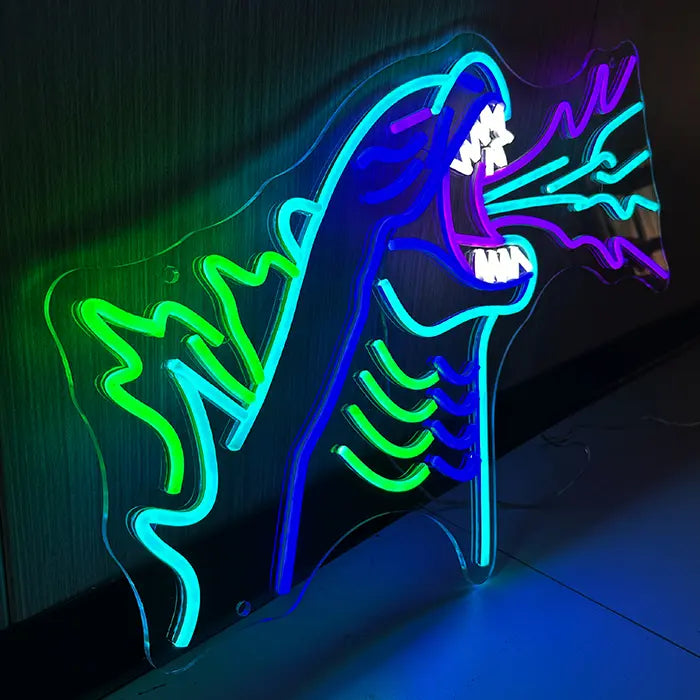 Godzilla Neon LED Sign mounted on a dark wall, the breath beam running to the right out of the mouth