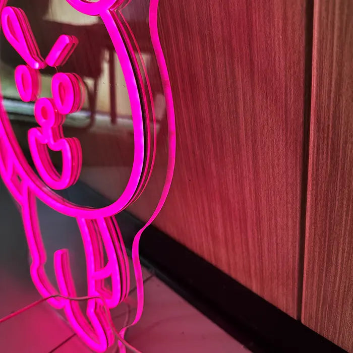 Pinker Hase Neon LED Schild, Produktaufnahme des eingeschalteten Motivs, USB dimmbar