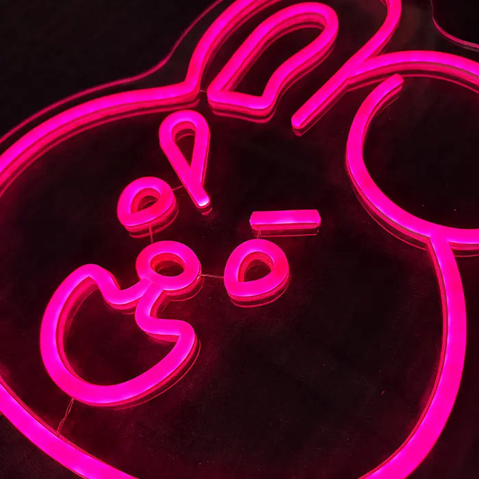 Pinker Hase Neon LED Schild, Übergänge der Neonlinien aus der Nähe, USB dimmbar