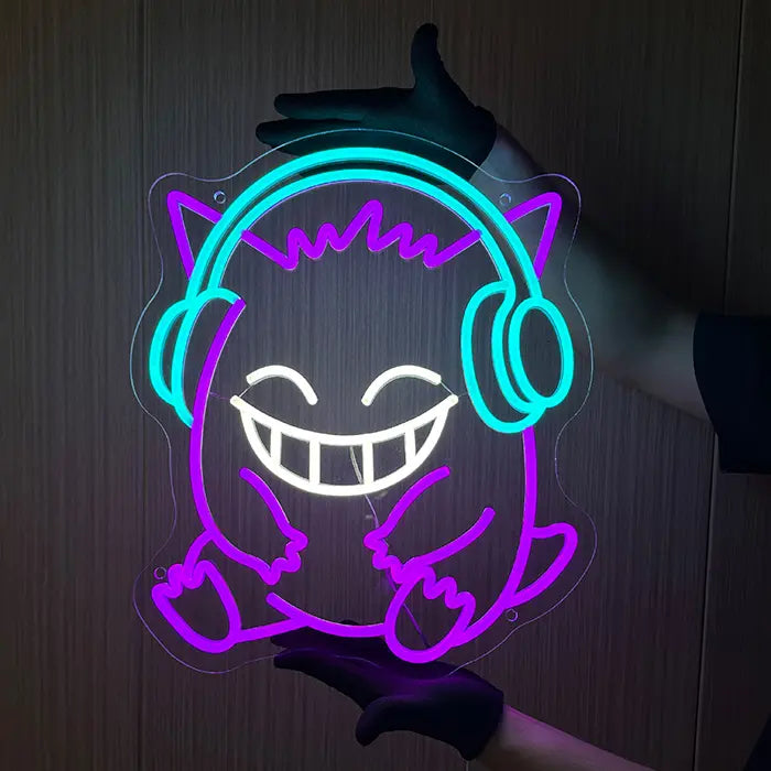Pokémon Gengar Chill neon LED sign, shot from the side, contour-cut acrylic panel visible