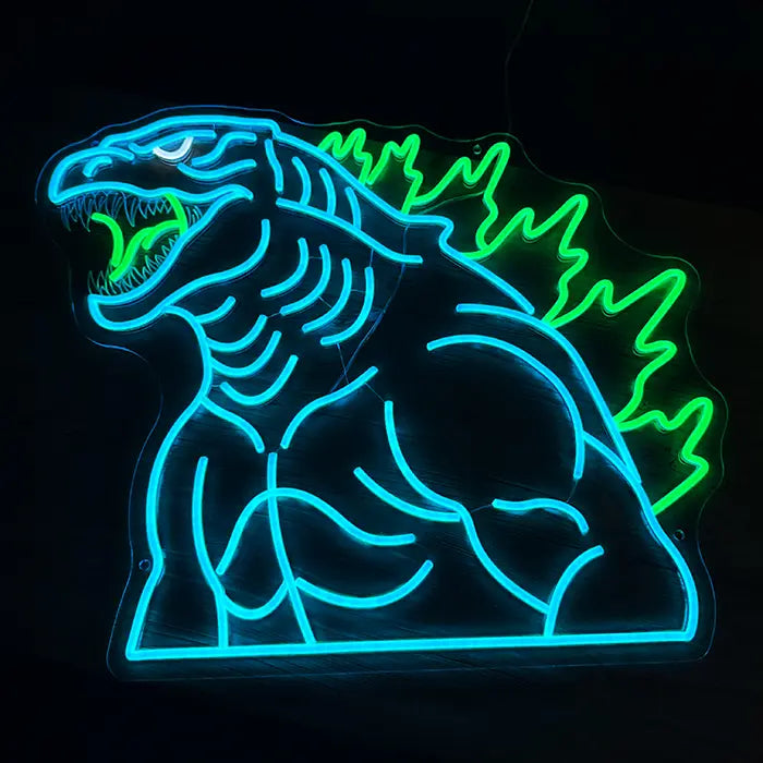 Godzilla Neon LED Sign head-on against a dark background, the whole figure with tail and arms