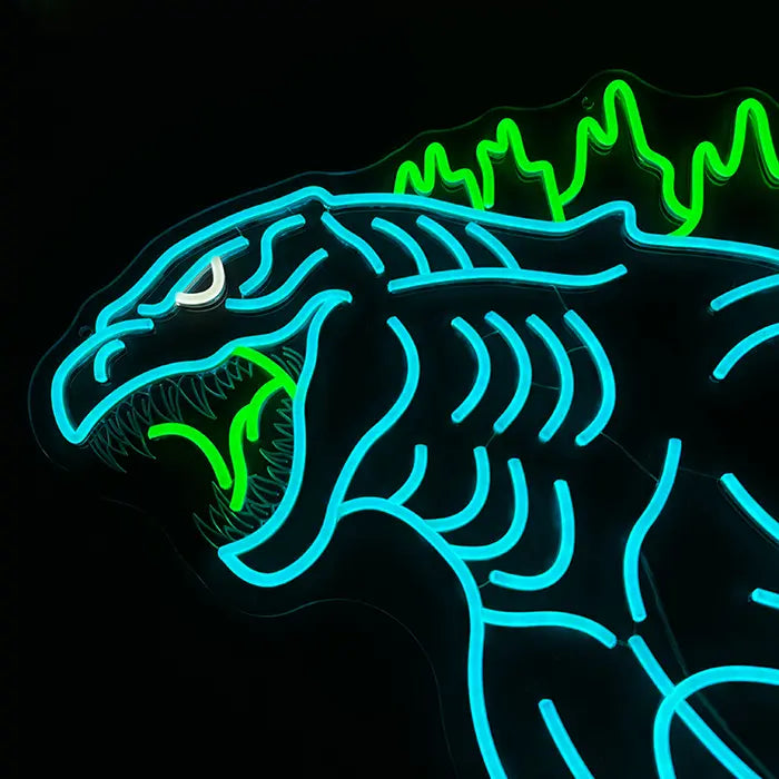 Godzilla Neon LED Sign in an angled close-up, head and neck plates filling the frame