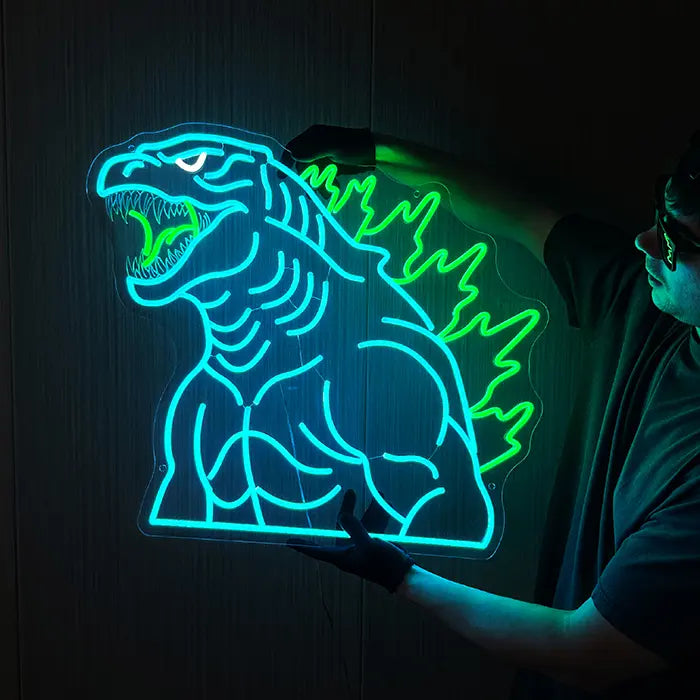 Godzilla Neon LED Sign, Power of the Green Flame motif: held against the wall and aligned