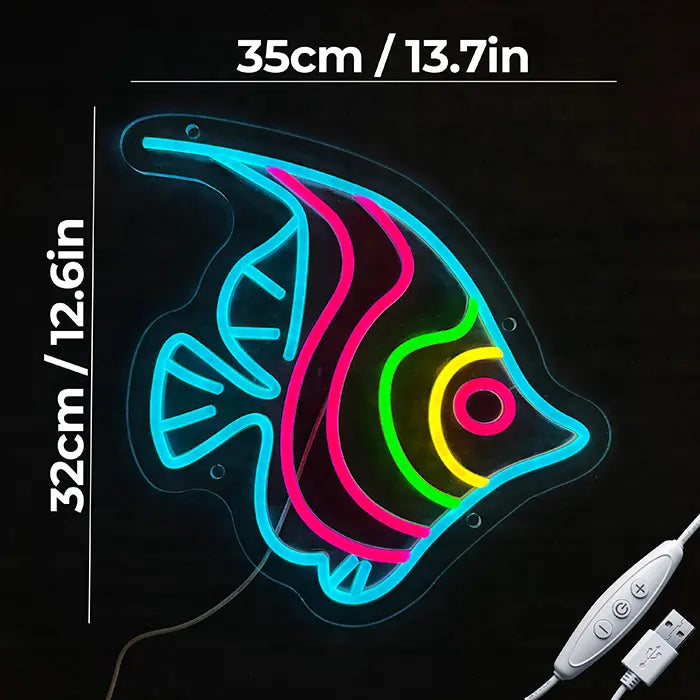 Ocean Fish Neon LED Sign with dimensions 35 cm (14") and 32 cm (13"), USB cable with dimmer switch beside it