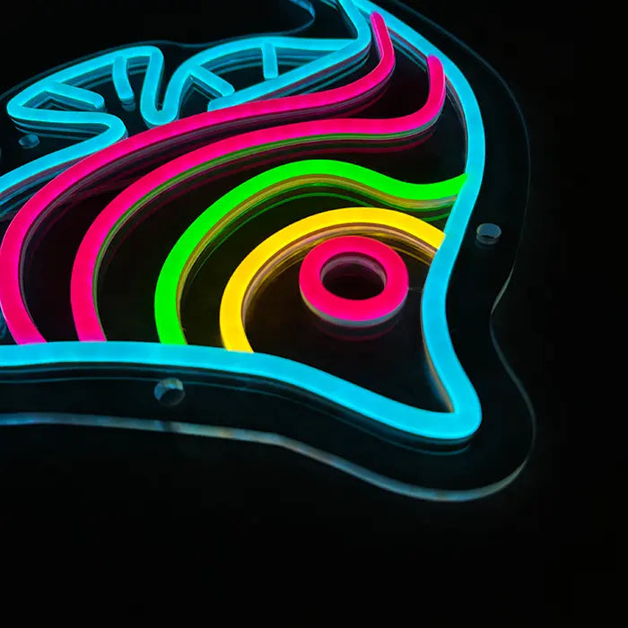 Ocean Fish Neon LED Sign in macro, the coloured neon lines running close beside one another