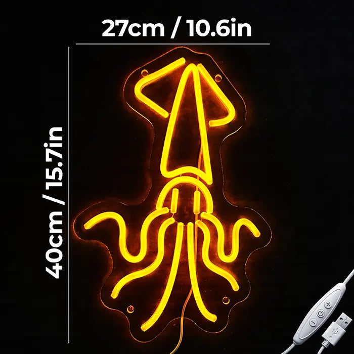 Gold Octopus Neon LED Sign with dimensions 27 cm (11") and 40 cm (16"), USB cable with dimmer beside it