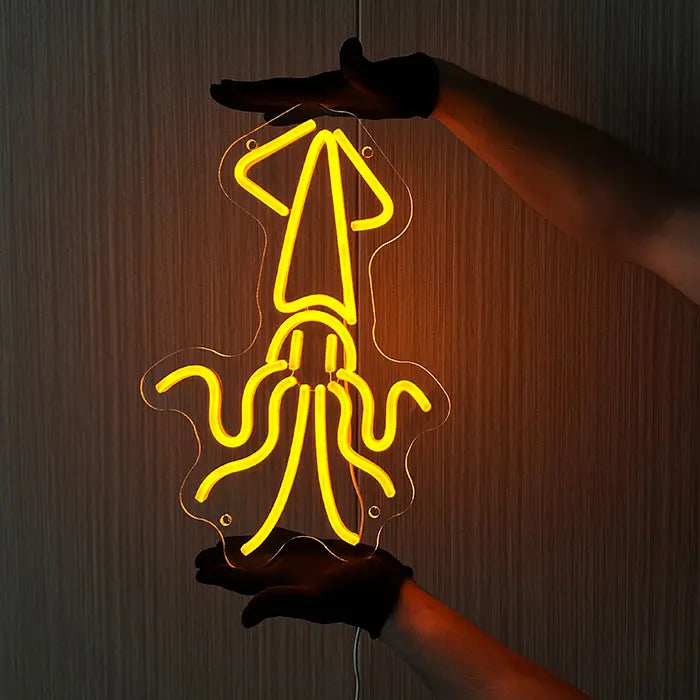 Gold Octopus Neon LED Sign aligned on the wall, the tentacles standing out clearly