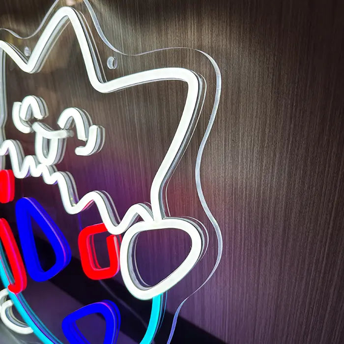 Pokémon Togepi Neon LED Sign in close-up on the wall, tube edges and acrylic in detail