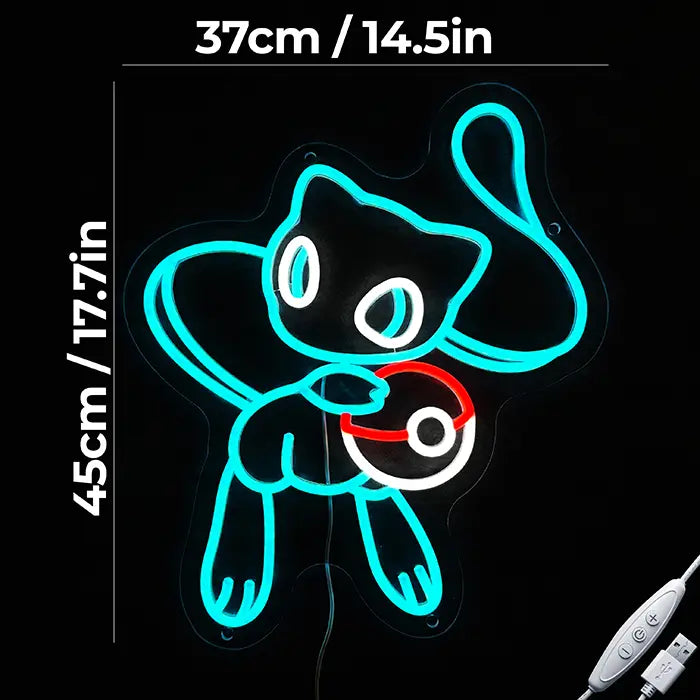 Pokémon Mew Neon LED Sign in blue with the measurements 37 cm and 45 cm, beside it the USB cable with dimmer switch