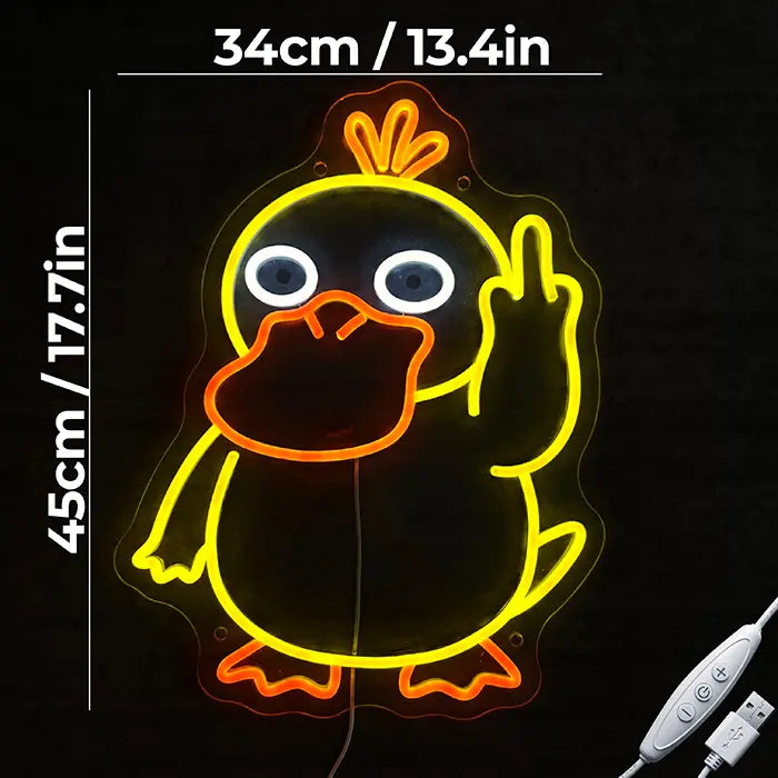 Pokémon Psyduck Middle Finger Neon LED Sign with dimensions 34 cm (13") and 45 cm (18"), the USB dimmer cable beside it