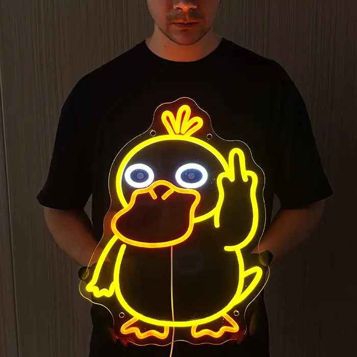 Pokémon Psyduck Middle Finger Neon LED Sign held in front of the body, the motif glowing strongly