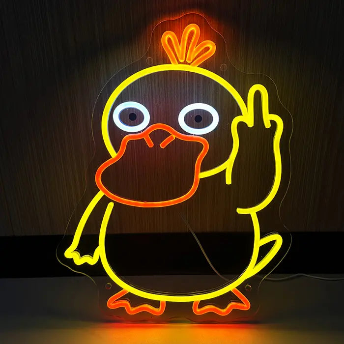 Pokémon Psyduck Middle Finger Neon LED Sign head-on against a dark wall, beak and gesture glowing